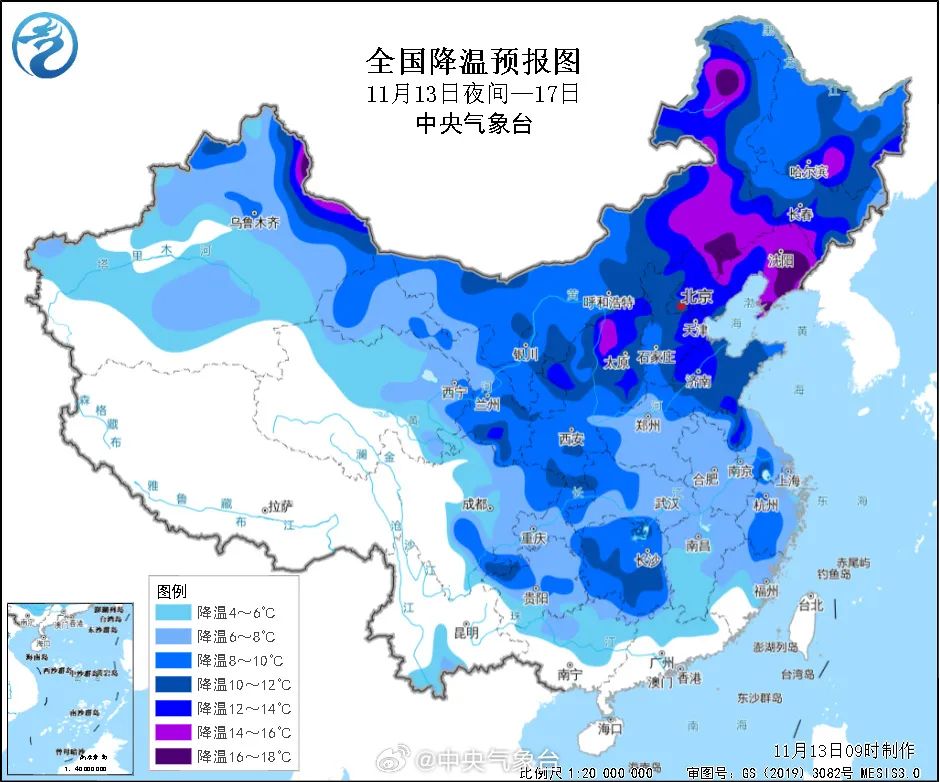 冷空气来袭！全国降温预报图呈现深紫色