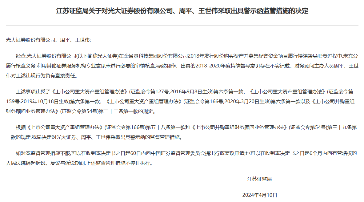 光大证券因金通灵财务造假案被罚 年内已有三名高管辞职  第2张