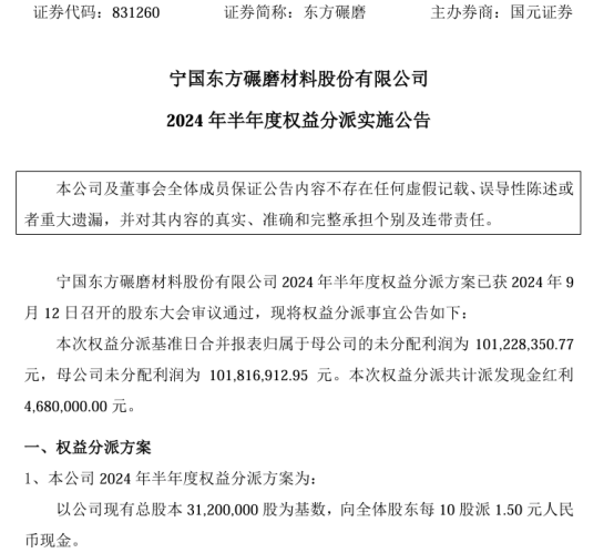 东方碾磨2024年半年度权益分派每10股派现1.5元 共计派发现金红利468万